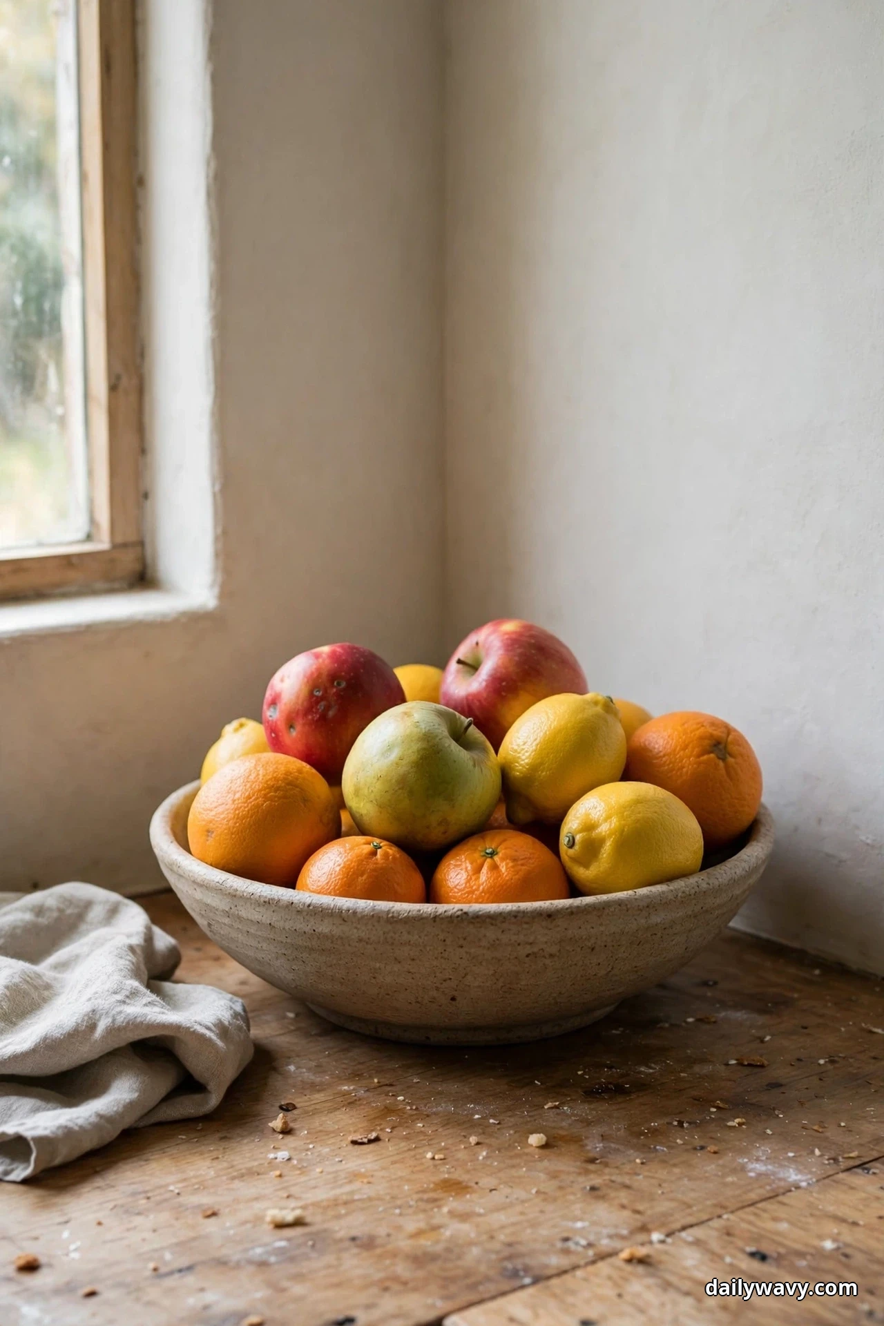 A low wide stoneware bowl filled with apples, oranges and lemons sits on a worn wooden counter in a kitchen corner