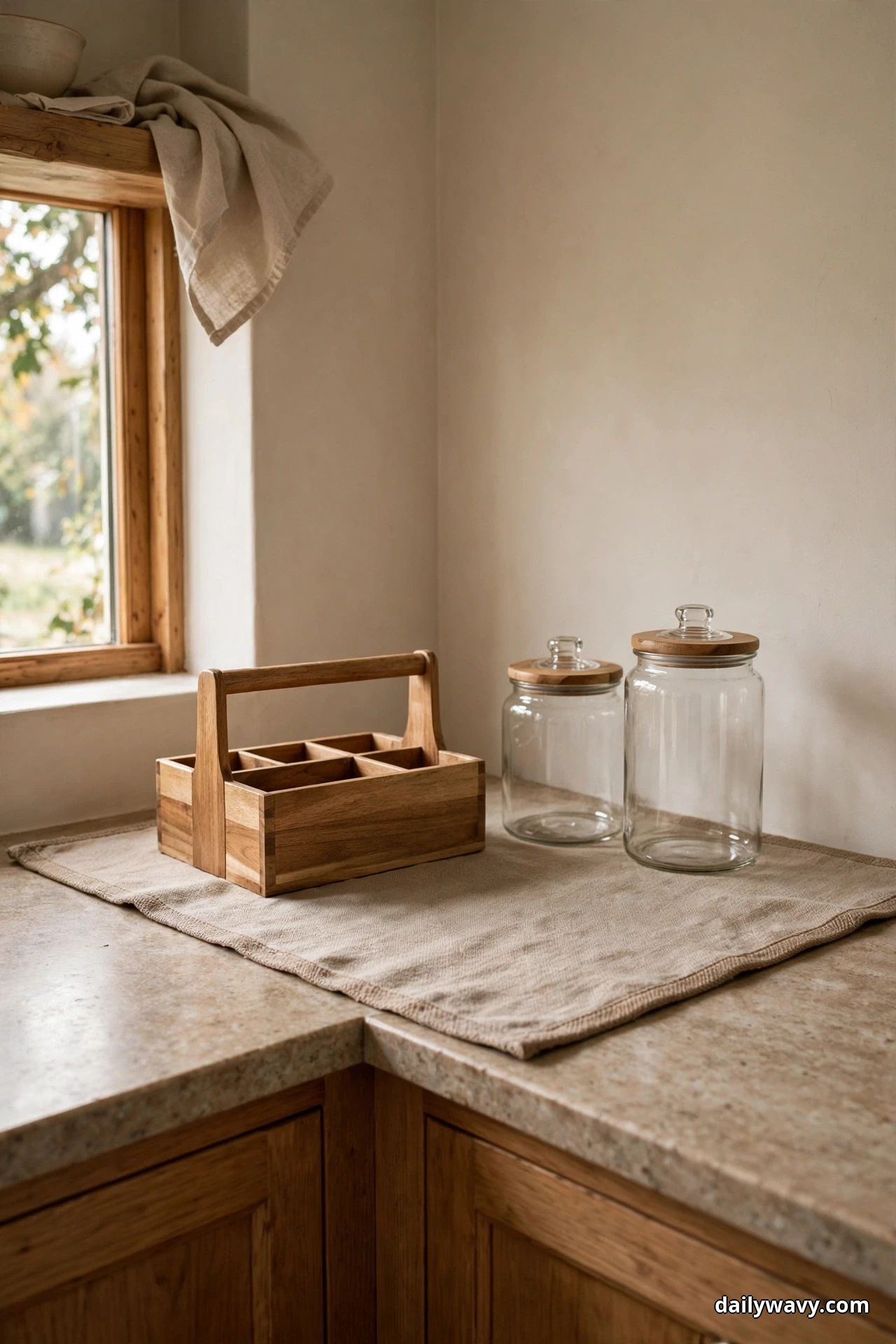 A beige woven mat lies on a stone corner counter beneath an empty wooden caddy and two empty glass jars