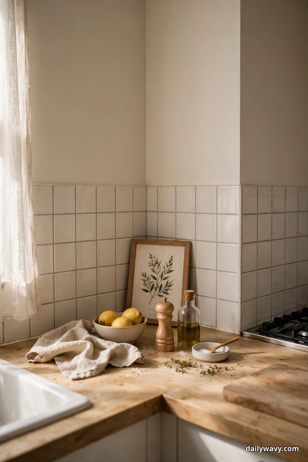A small framed botanical print leans against a white tile backsplash at the back of a wooden counter beside a bowl of lemons and a pepper mill
