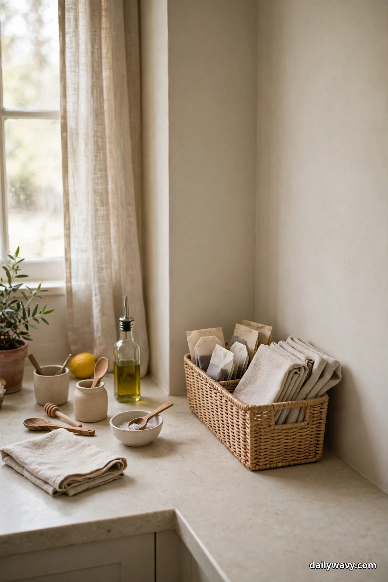 A slim woven basket holding upright packets and folded cloths stands at the side of a kitchen corner counter beside small crocks and an oil bottle