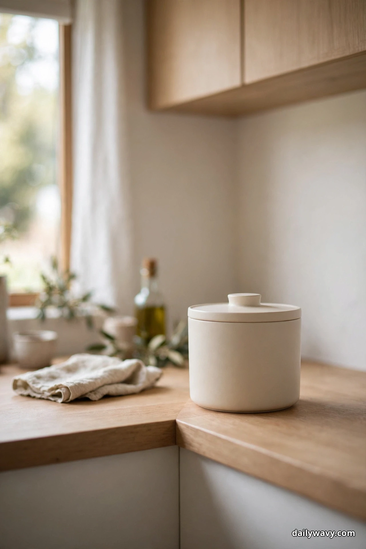 A simple cream lidded ceramic container with a clean silhouette sits on a pale wooden corner counter beneath an upper cabinet, with a folded cloth behind it
