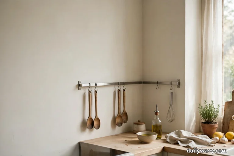 A stainless rail wraps around a kitchen corner above a pale wood counter, holding four wooden spoons and a wire whisk on hooks, with an olive oil bottle, a small lidded pot, a folded linen cloth and a potted rosemary beside a curtained window