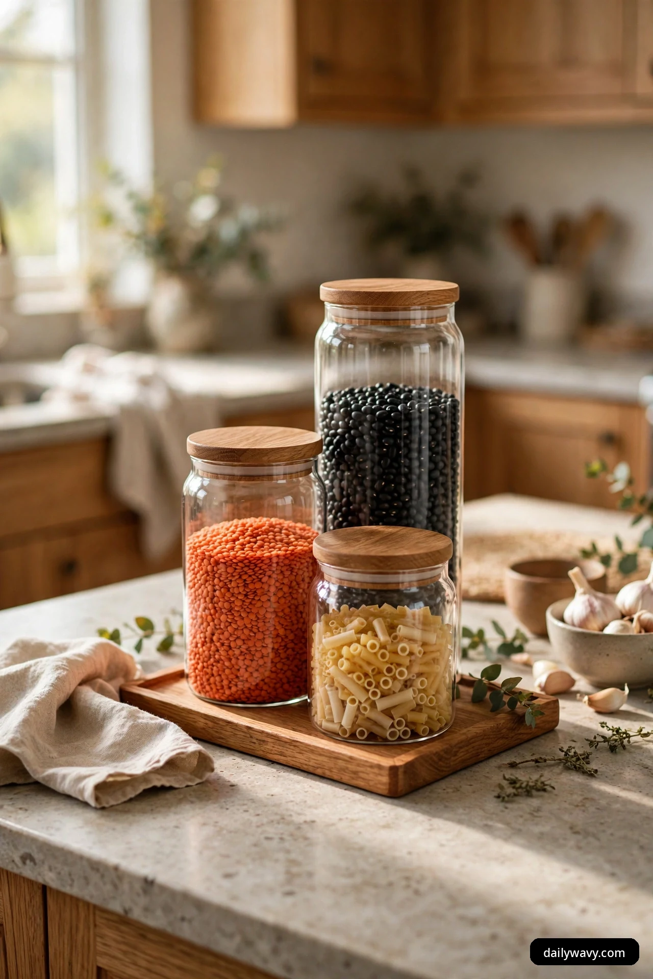 Three glass jars with wood lids holding black beans, red lentils, and short pasta, grouped on a wood tray on a kitchen island