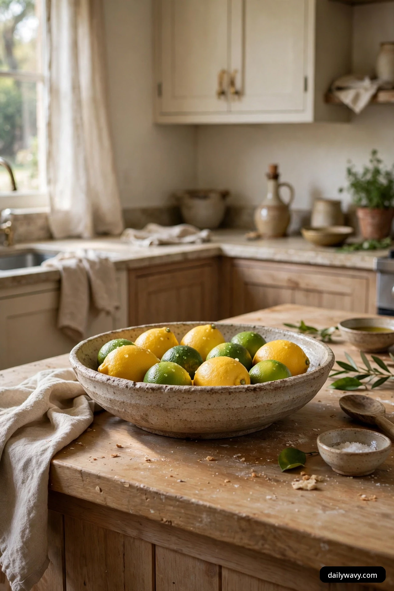 Wide speckled stone bowl holding yellow lemons and green limes on a wood kitchen island