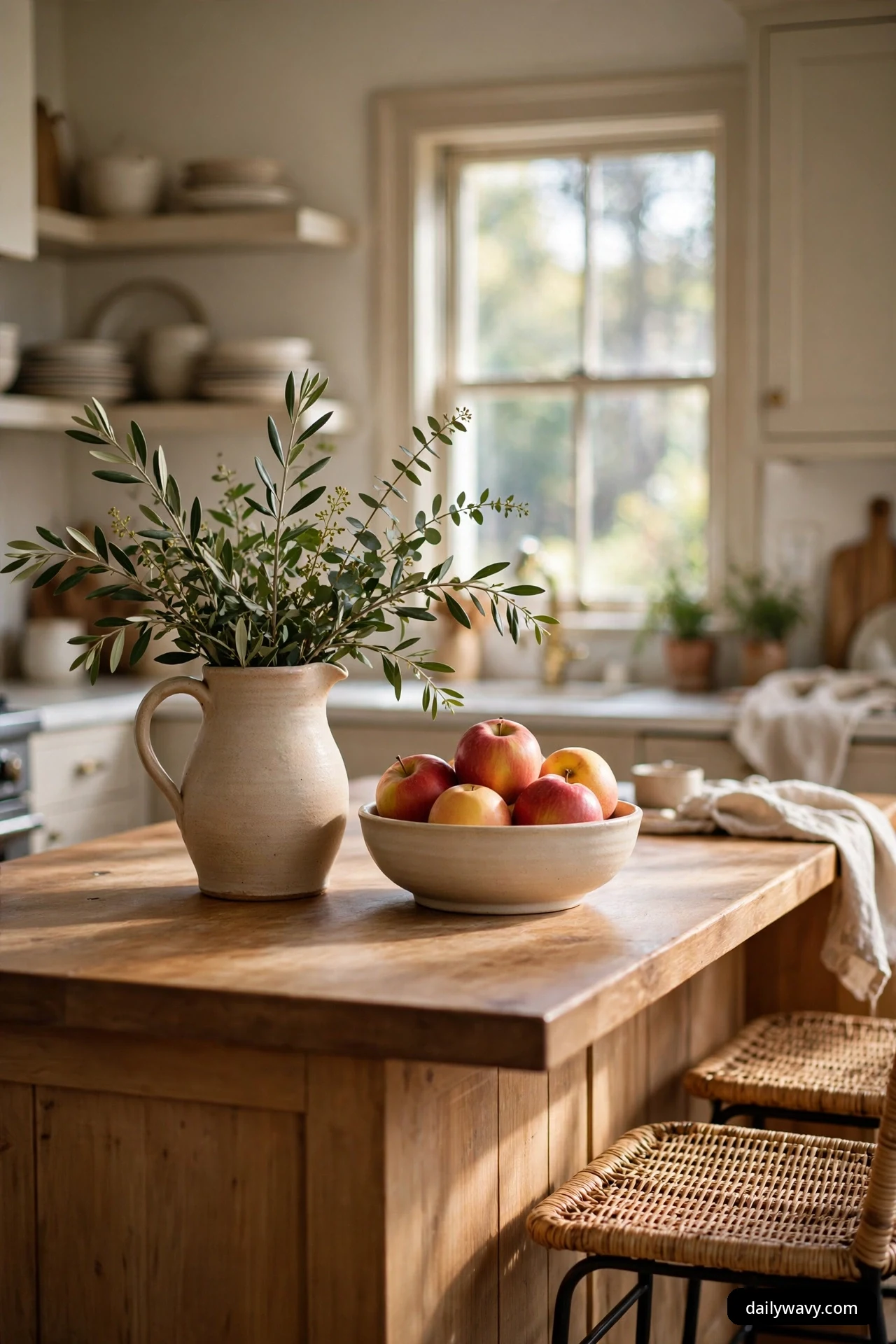 Cream ceramic pitcher holding leafy green stems beside a low bowl of red and yellow apples on a wood kitchen island