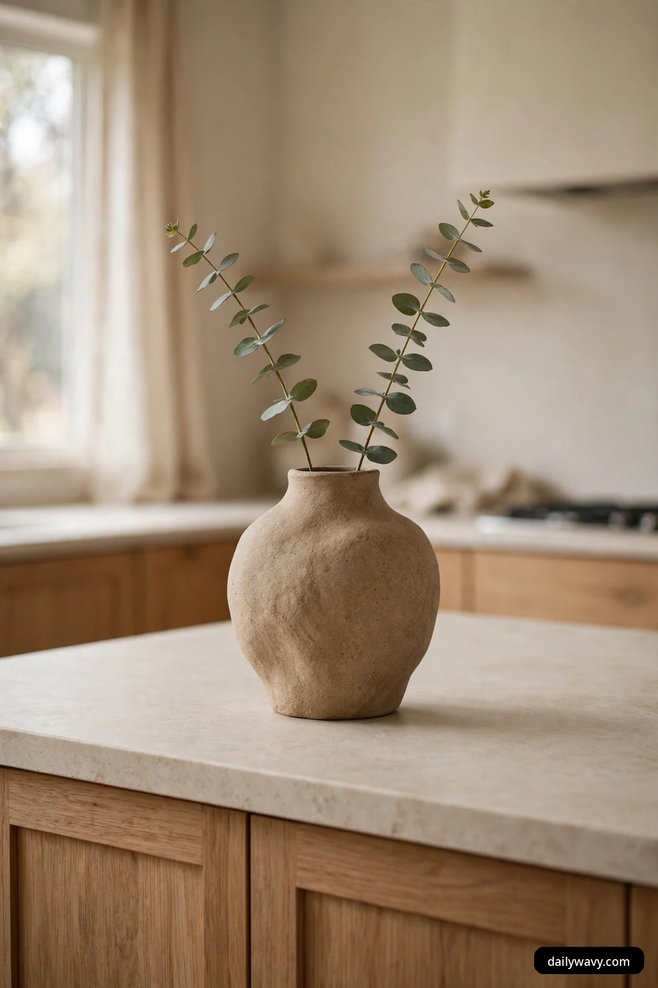 Round textured beige ceramic vase holding two eucalyptus stems on a kitchen island counter