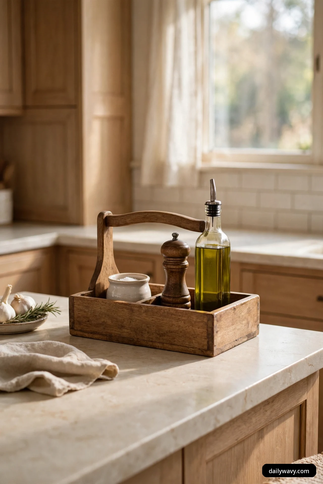Wood handled caddy on a kitchen island holding a small salt crock, a wood pepper mill, and a glass olive oil bottle