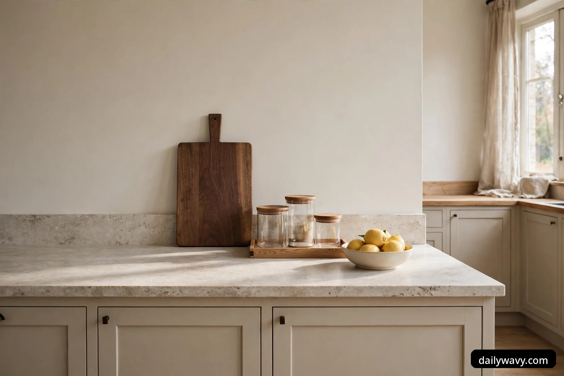 Wide view of a kitchen island styled with an upright walnut cutting board, three glass jars with wood lids on a tray, and a low white bowl of lemons in natural daylight