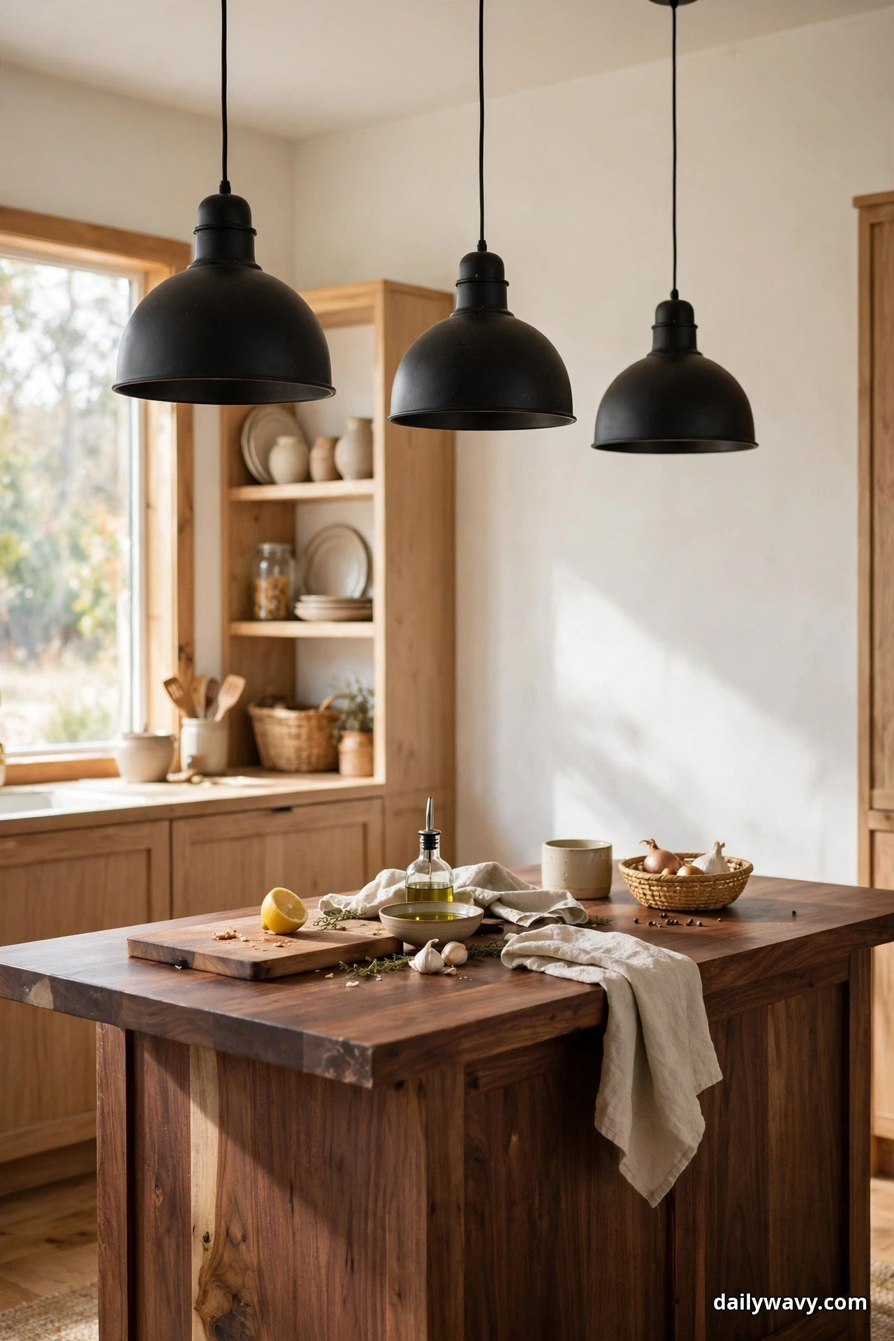 Three matte black dome pendants hang over a walnut kitchen island with a cutting board, an olive oil bottle and a linen cloth, in front of light oak cabinets and open shelves beside a window