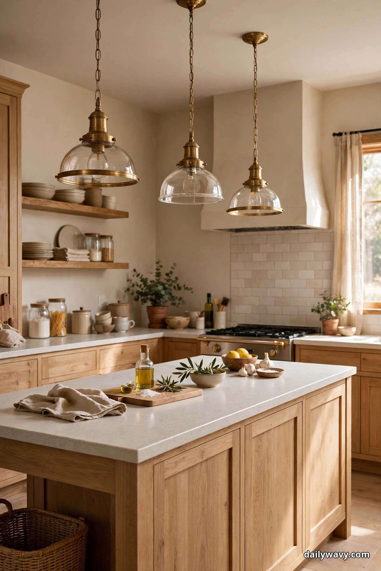 Three clear glass dome pendants with brass fittings and chains hang over a pale stone island in an oak kitchen, with a tiled range wall and open shelves of dishes behind