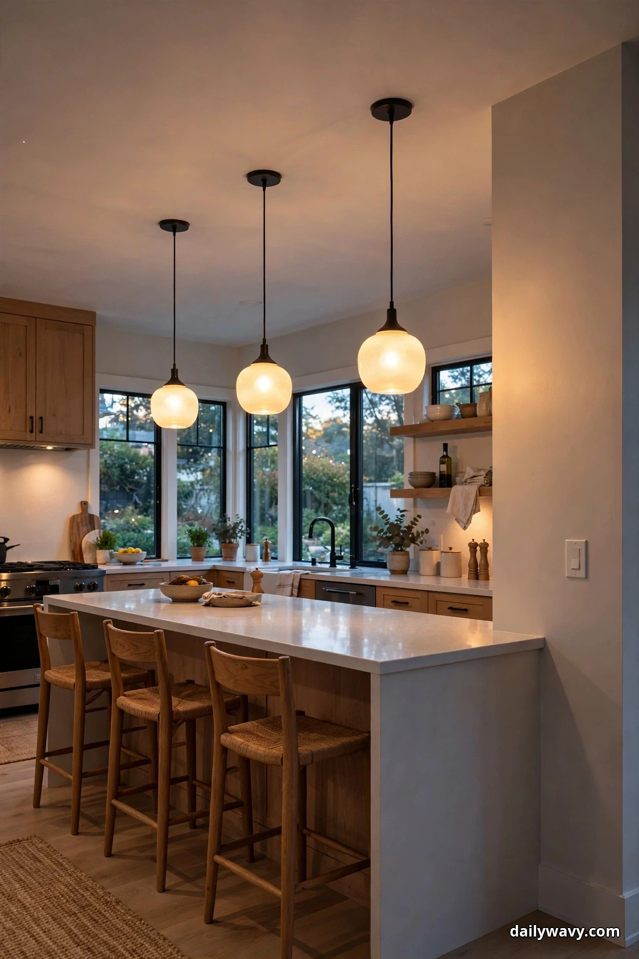 Three opal glass globe pendants glow warmly over a white island with woven-seat wood stools in an evening kitchen with black-framed windows and open shelves