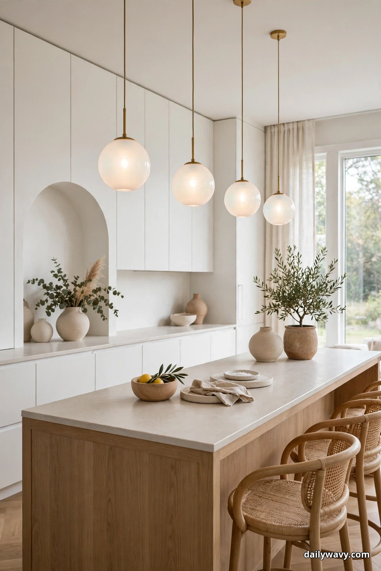 Four opal glass globe pendants on brass stems hang over a long oak island with rattan stools, in a white kitchen with an arched niche holding stoneware vases