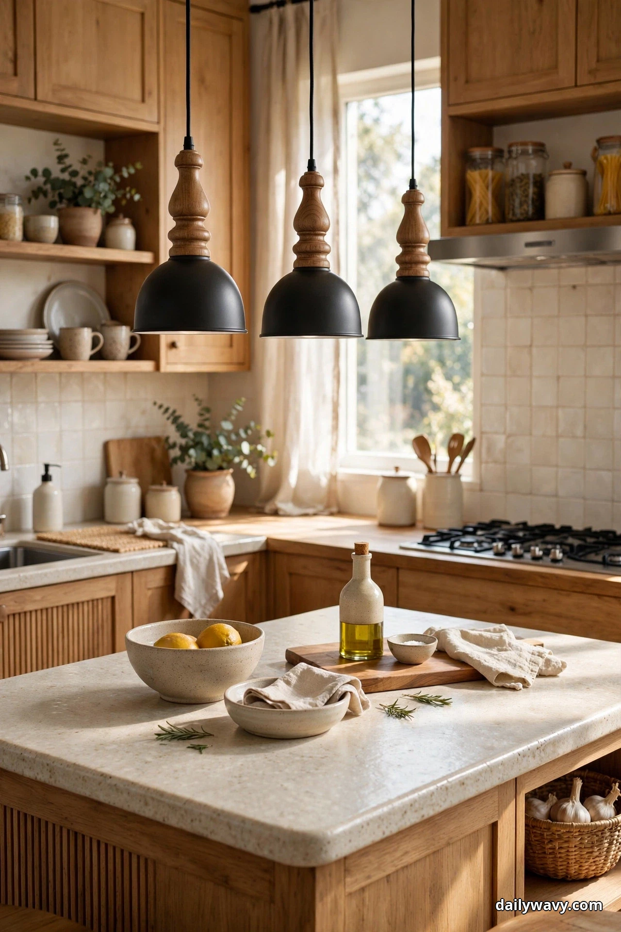 Three black dome pendants with turned-wood tops hang over a pale stone island in an oak kitchen, with a gas cooktop and jars of pasta on open shelves behind