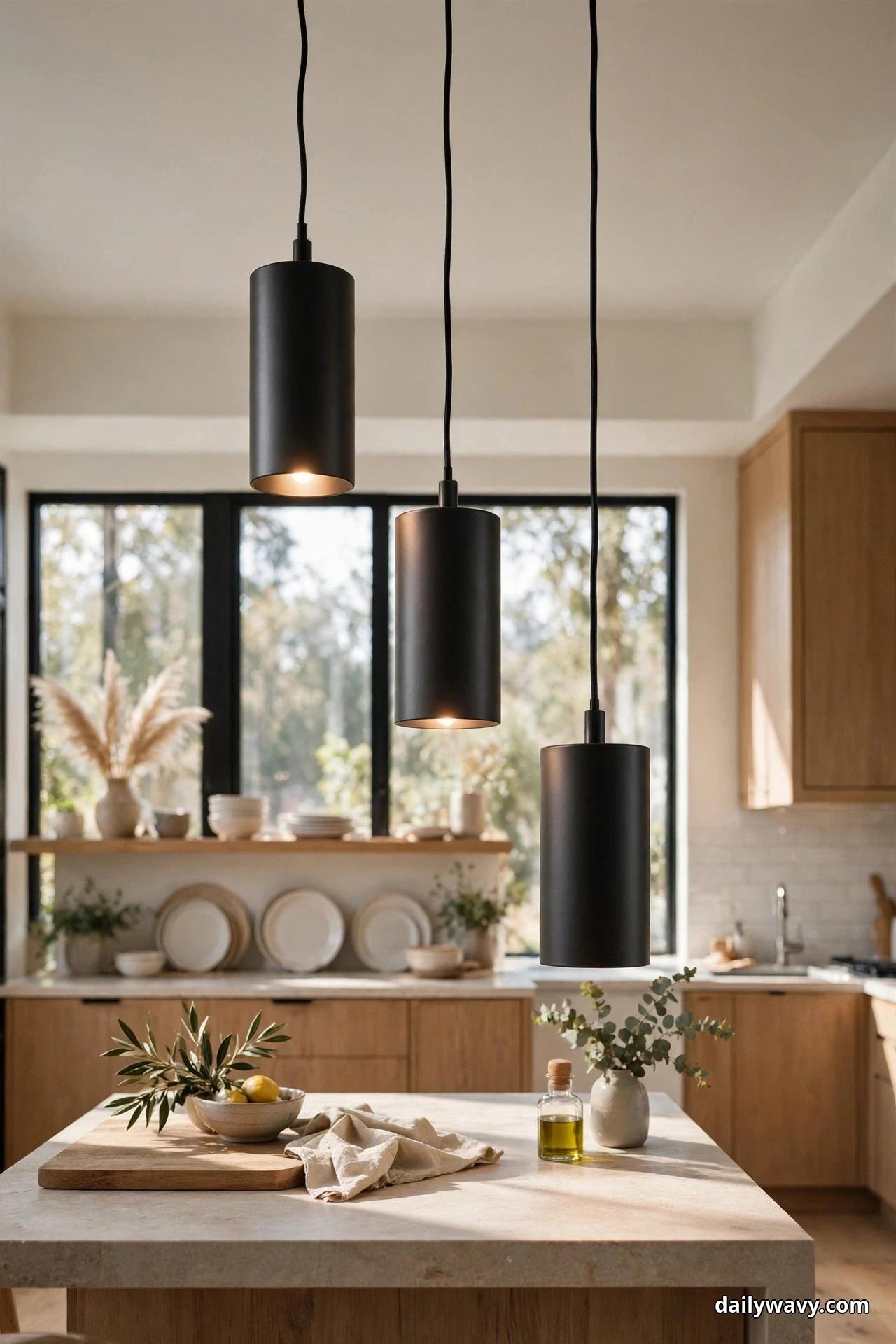 Three black cylinder pendants hang at staggered heights over a pale stone island, with black-framed windows and a plate shelf on the counter behind