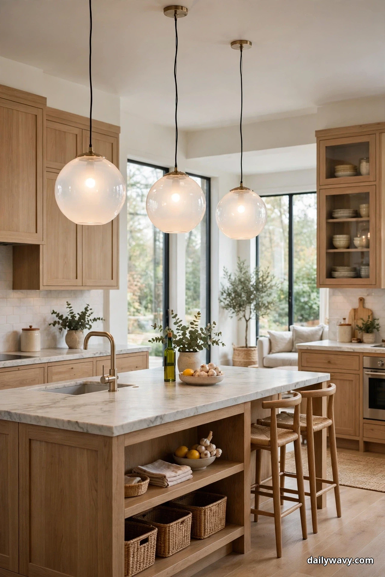 Three large opal glass globe pendants glow over a marble island with an oak base and open storage shelves, in a bright kitchen with oak cabinets and wood stools