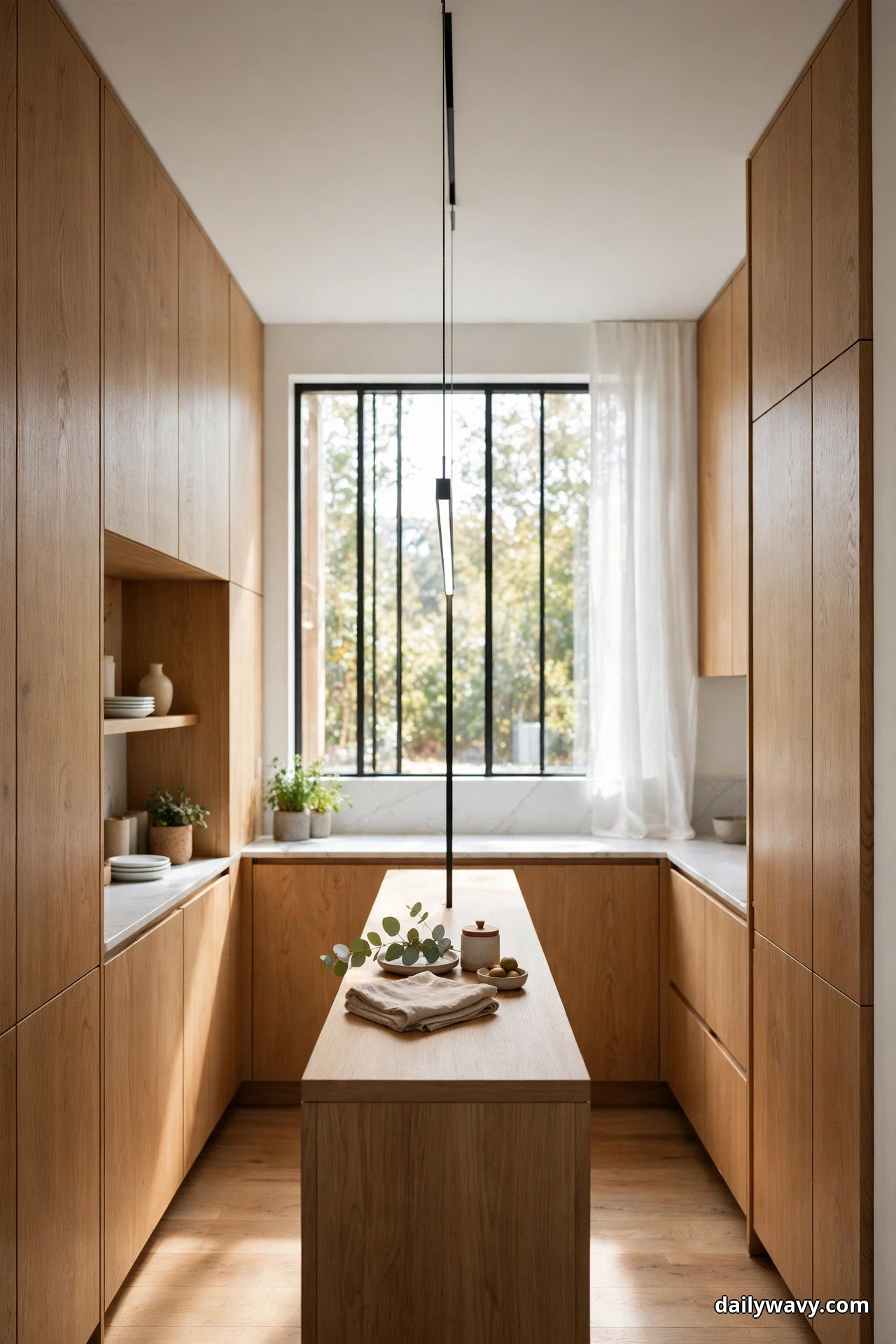 A slim black linear pendant hangs lengthwise over a narrow oak island in a tight galley kitchen with floor-to-ceiling oak cabinets and a black-framed window at the end