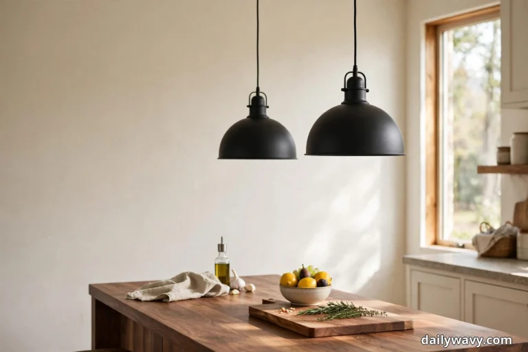 A wide view shows two matte black dome pendants hanging over a walnut kitchen island with a bowl of fruit and a cutting board with fresh herbs, against a cream wall with a wood-trimmed window at the right