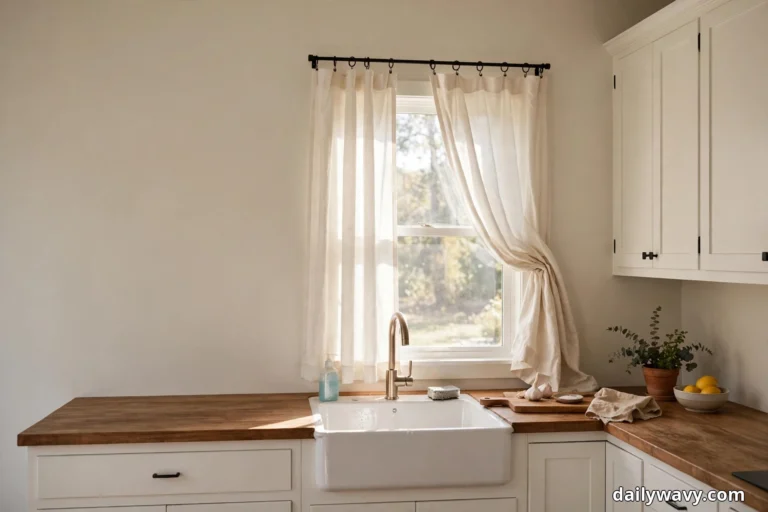 Two plain warm-white curtain panels hang from a black rod on ring clips above a white farmhouse sink, the right panel gathered to one side, in a bright neutral kitchen with wood counters