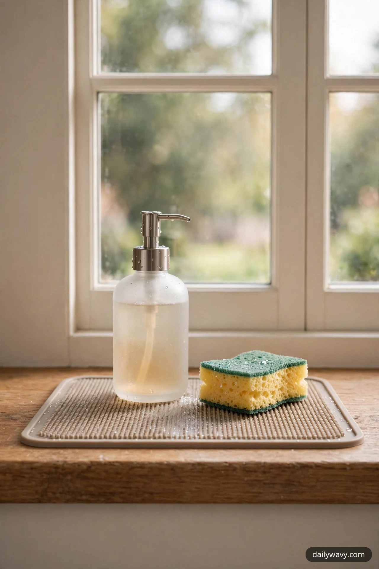 A closer view shows a frosted glass soap dispenser and a yellow sponge with a green scouring top sitting on a beige ribbed washable mat on a wooden kitchen windowsill.