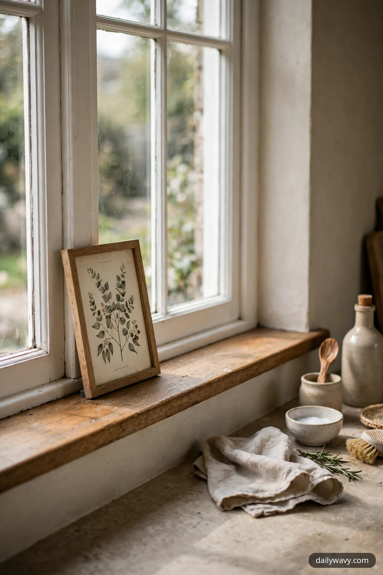 A small framed botanical print in a light wood frame leans against the window on a wooden kitchen windowsill.