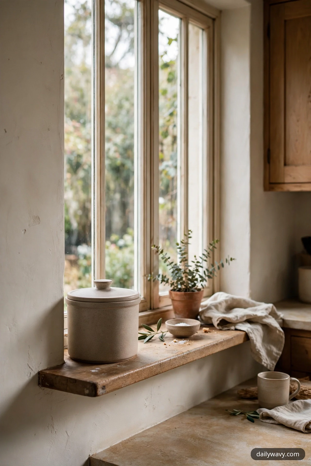 A lidded stoneware container with a knob handle sits at one end of a wide wooden kitchen windowsill in front of tall windows.
