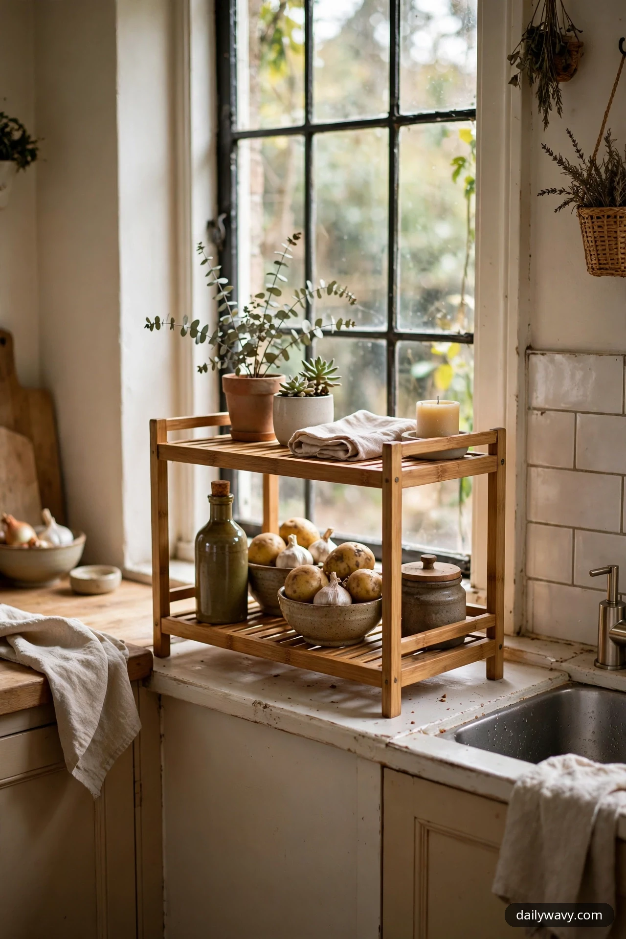 A two-tier bamboo shelf stands beside a kitchen window holding potted plants and an unlit pillar candle on its top tier and bowls of potatoes and garlic on the lower tier.