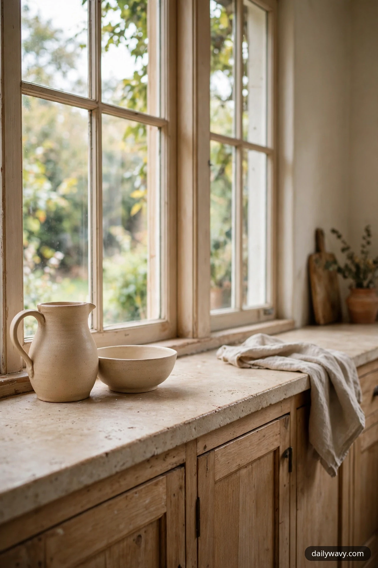 A cream ceramic pitcher stands beside a low matching bowl on a stone counter beneath tall kitchen windows.