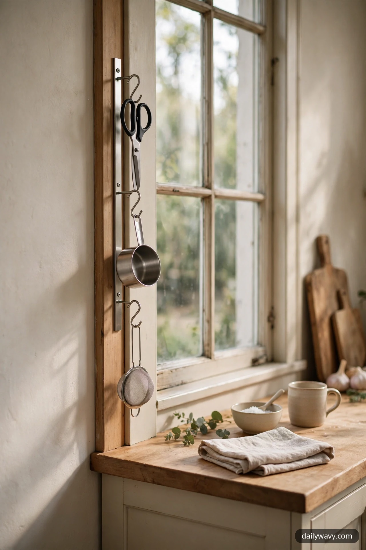 A narrow metal rail mounted on the window trim beside a kitchen window holds scissors, a measuring cup and a tea strainer on S-hooks.
