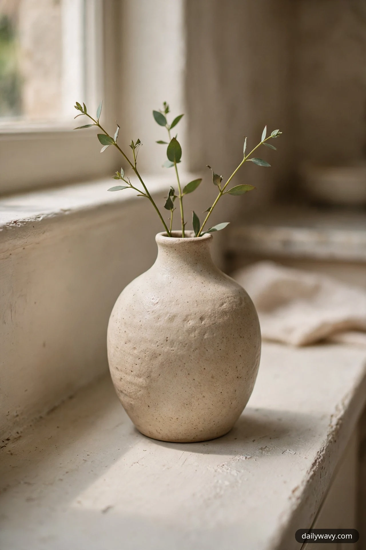A single speckled stoneware vase holding three slender green stems stands alone on a white painted kitchen windowsill.