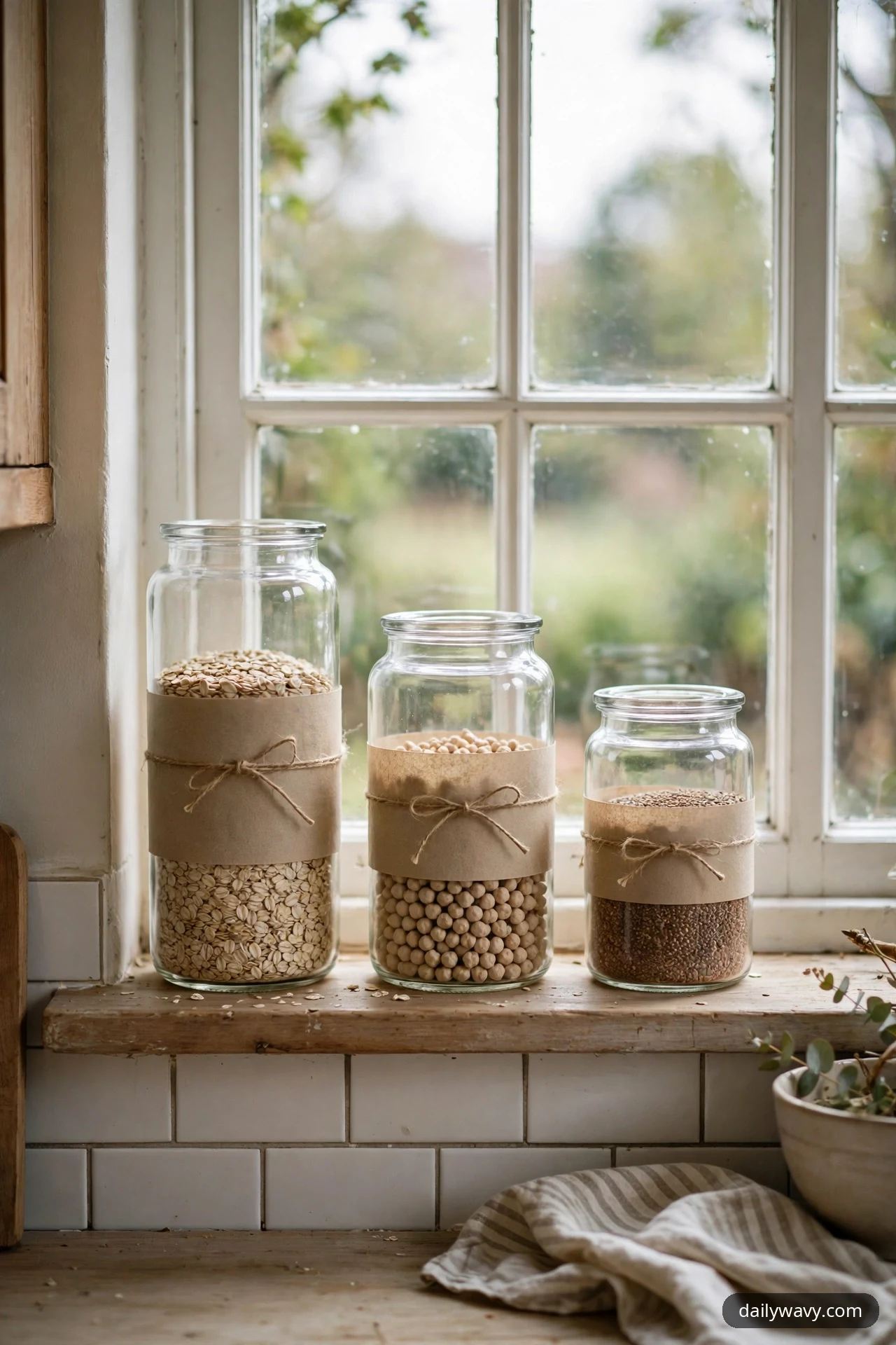 Three glass canisters wrapped with kraft paper label bands hold oats, chickpeas and seeds in a stepped row on a wooden kitchen windowsill.
