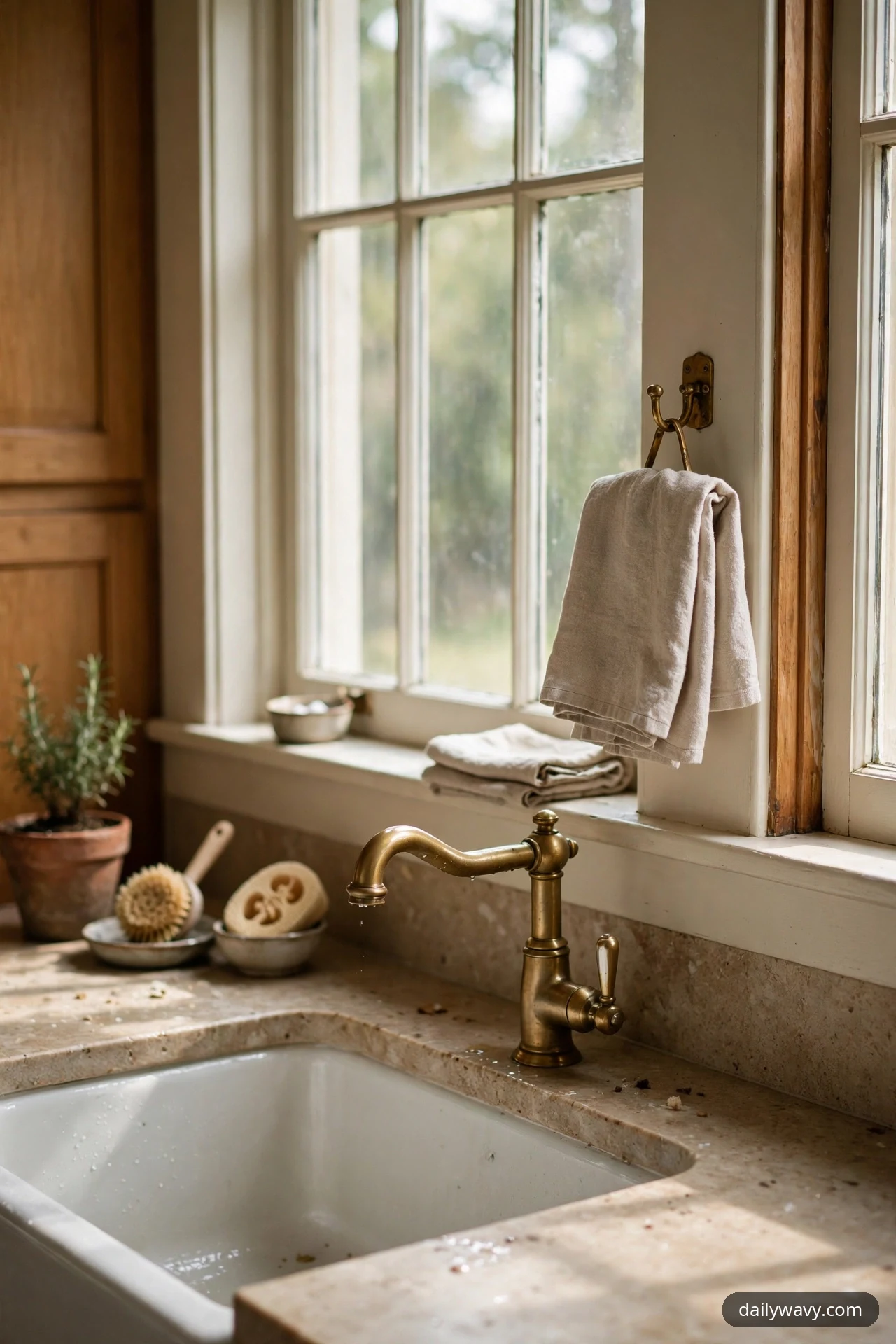 A brass hook mounted on the window trim above a kitchen sink holds a folded beige hand towel within reach of the brass faucet.