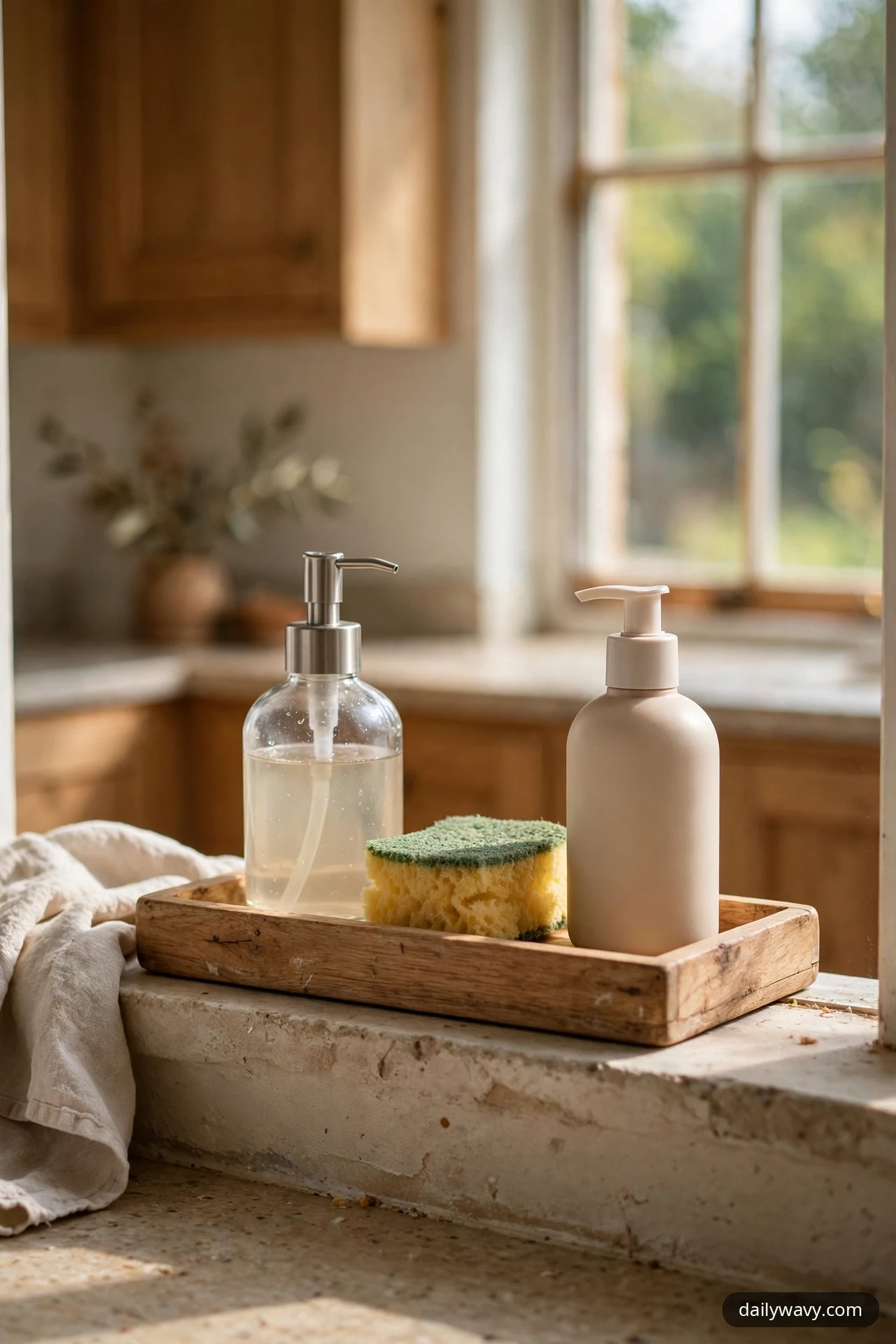 A shallow wooden tray on a stone kitchen windowsill groups a glass soap dispenser, a yellow sponge and a beige lotion pump bottle into one neat row.