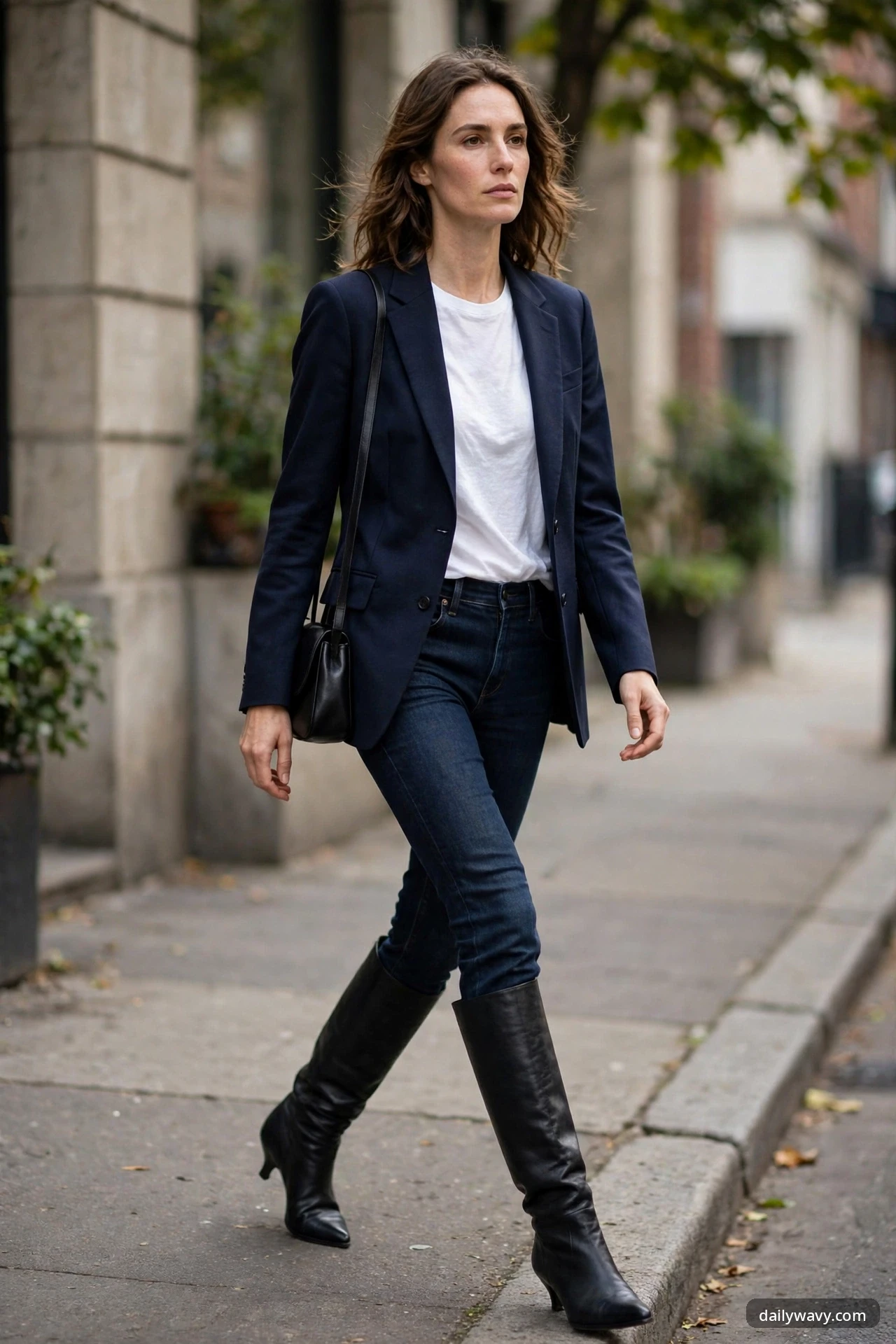 A woman walking down a city sidewalk in a navy blazer, white tee and dark indigo jeans tucked into knee-high black leather boots, with a black shoulder bag.