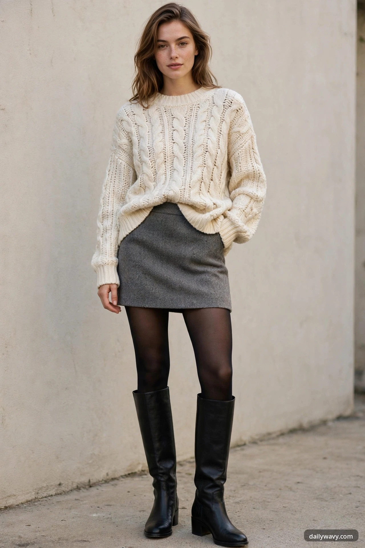 A woman in a cream chunky cable-knit sweater, gray wool mini skirt, opaque black tights and knee-high black leather boots, standing against a light wall.