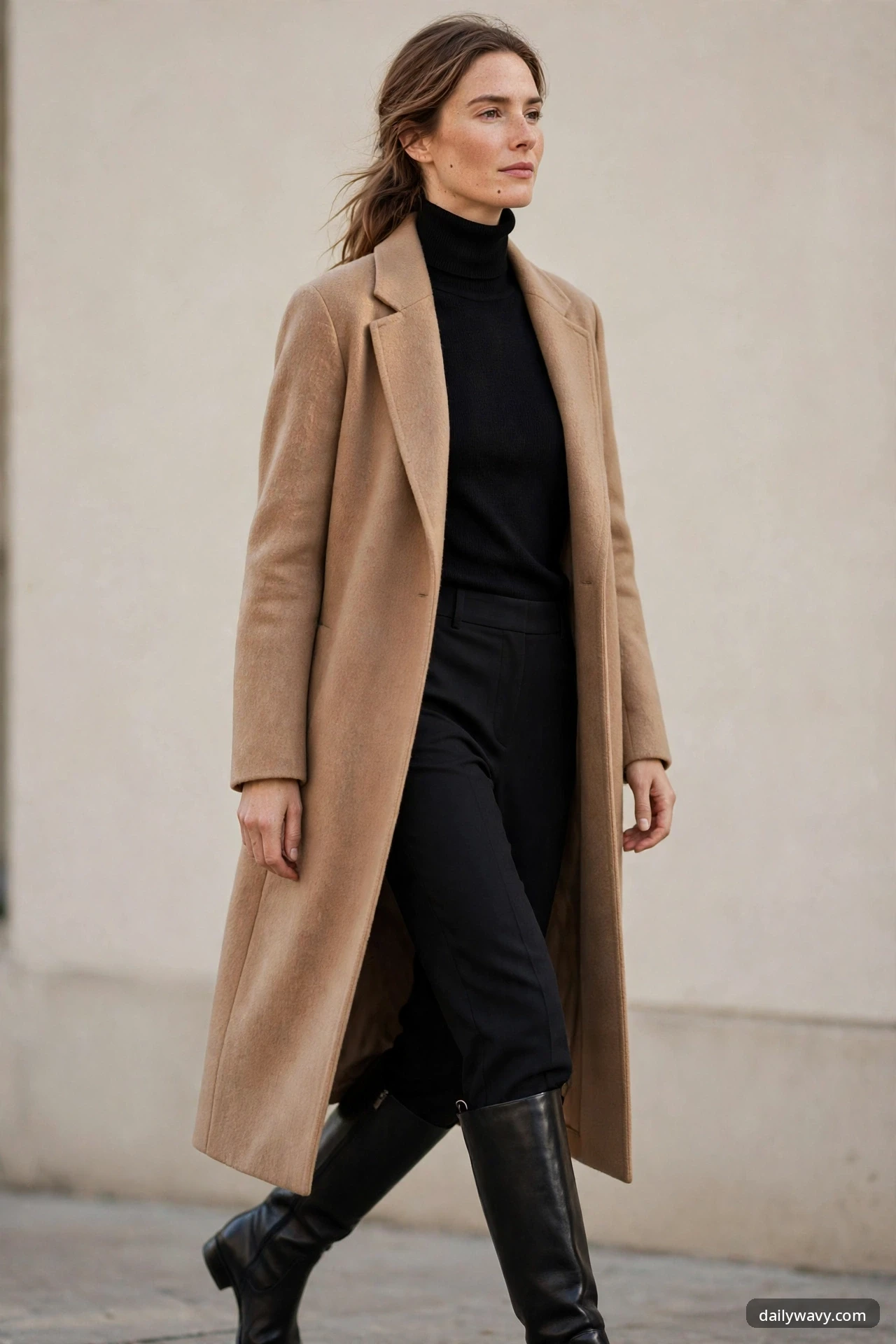 A woman walking in a black turtleneck and black trousers draped over knee-high black leather boots, under a camel longline coat.