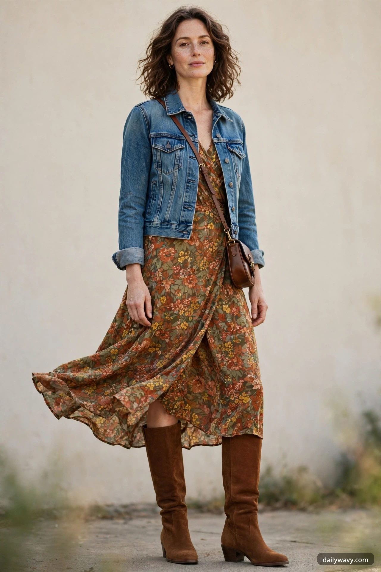 A woman in a cropped denim jacket over an autumn floral wrap dress with a brown crossbody bag and chestnut suede knee-high boots with block heels, standing against a light wall.