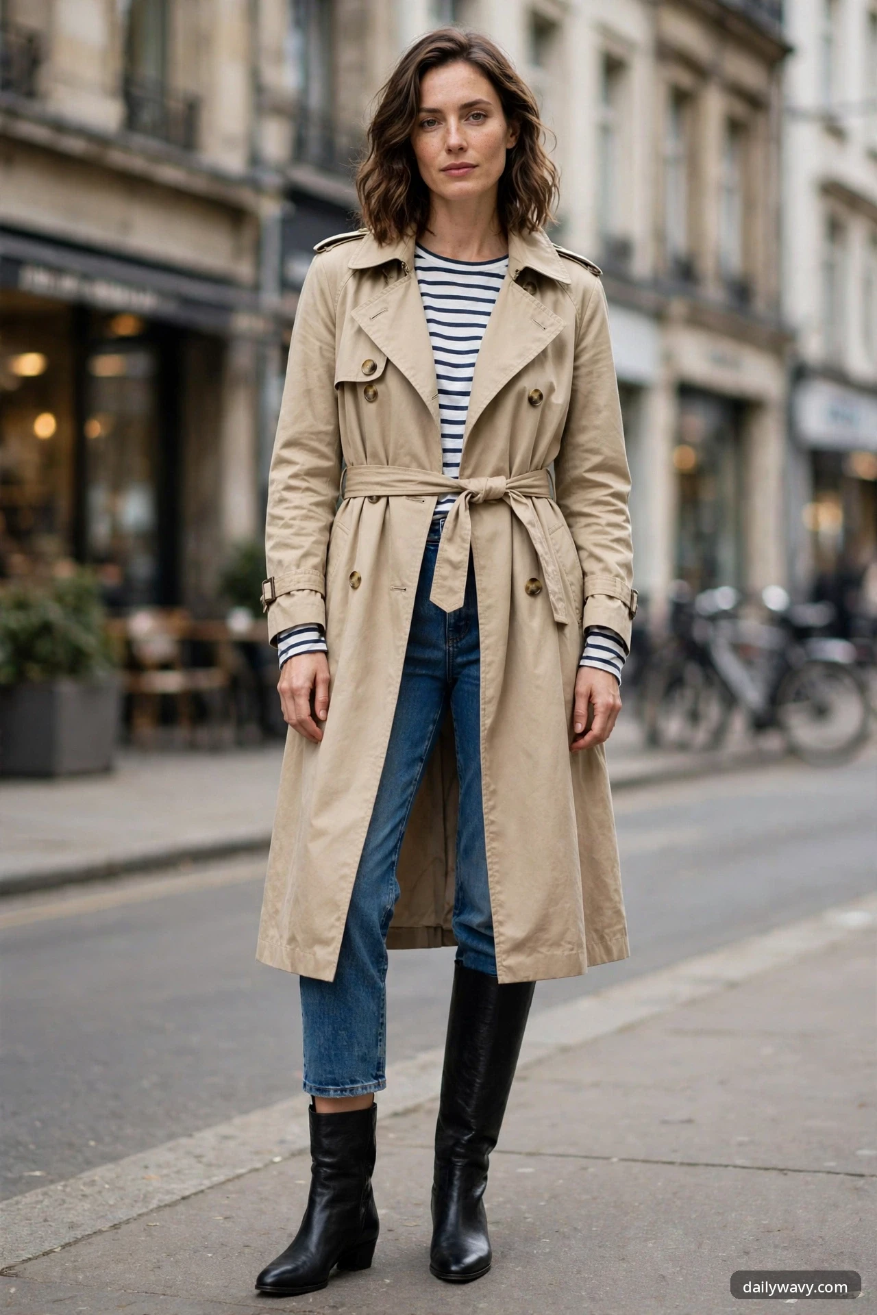 A woman in a beige belted trench coat, navy-and-white striped long-sleeve tee and cropped blue jeans with knee-high black leather boots, standing on a city street.