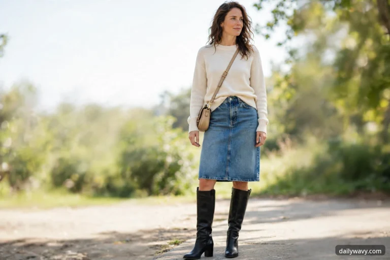 Wide view of a woman wearing knee-high black leather boots with a cream fine-knit sweater, medium-wash denim midi skirt and tan crossbody bag, standing on a sunlit park path.