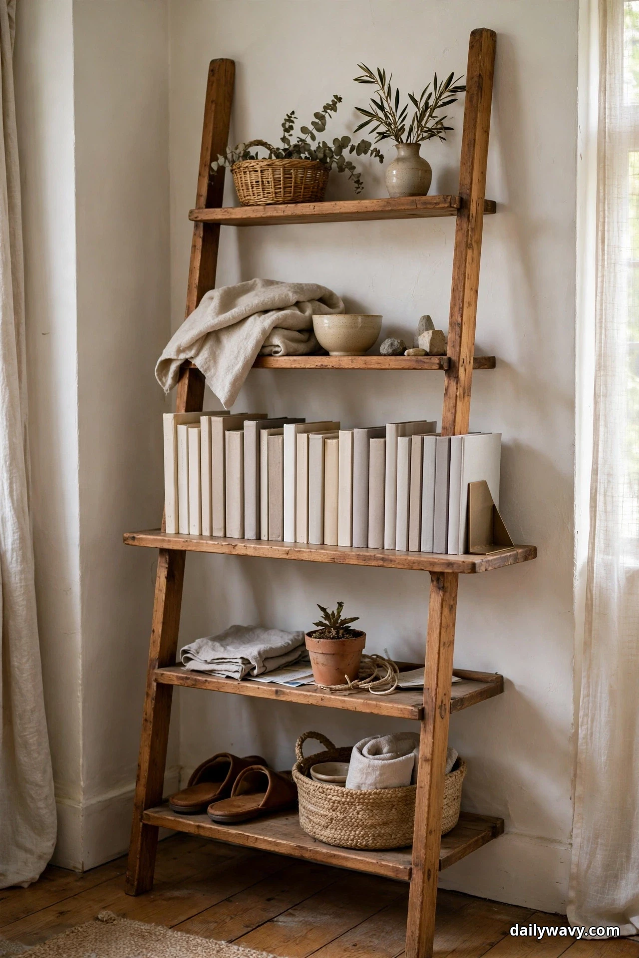 A closer view shows a full row of cream and neutral books standing flush on a wide shelf of a rustic wooden ladder shelf, held upright by a brass bookend at the end of the row