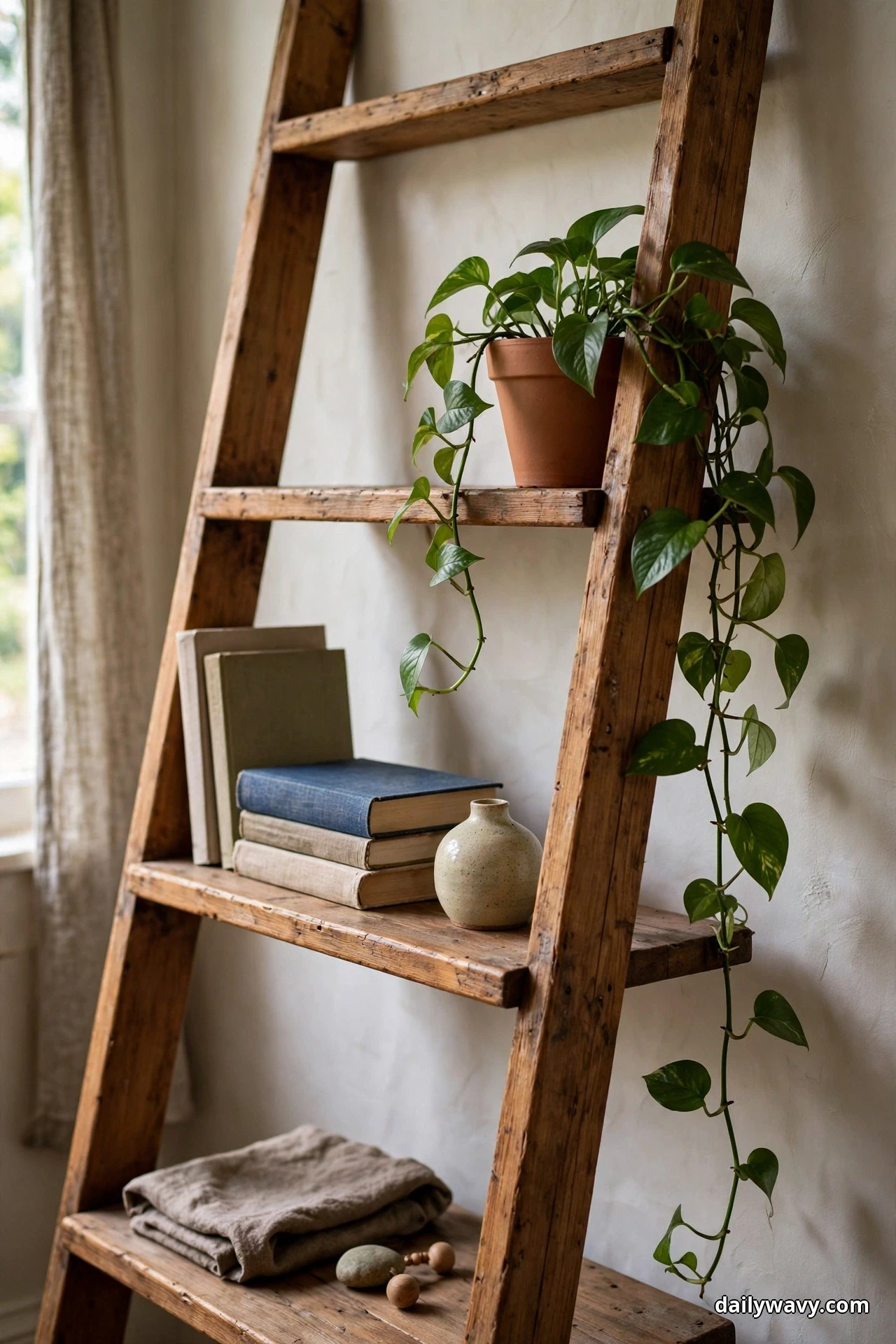 A pothos in a terracotta pot sits on an upper shelf of a wooden ladder shelf, its long vines trailing down the right side of the unit