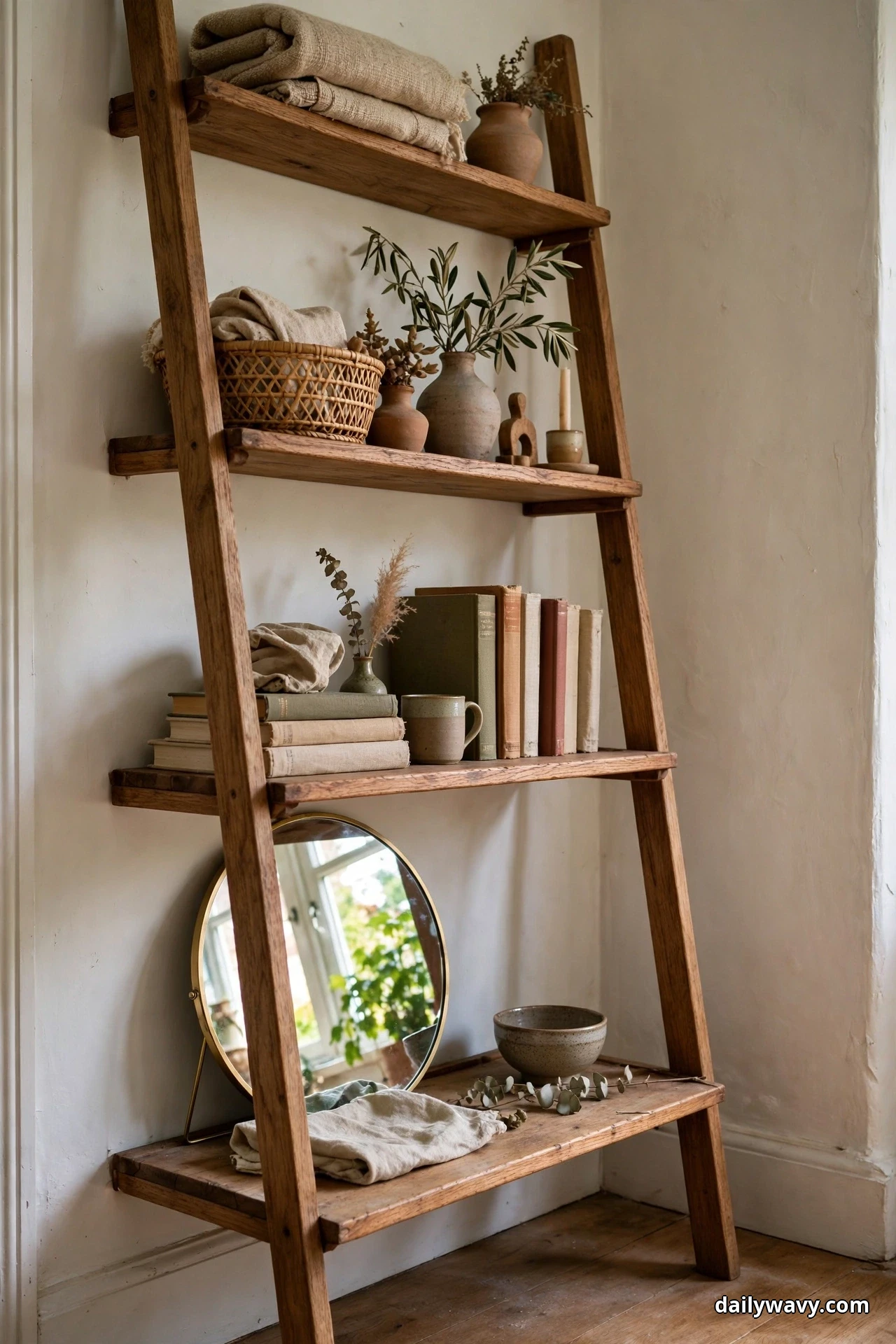 A round mirror in a thin brass frame leans against the wall on the deep bottom shelf of a wooden ladder shelf, reflecting a window and green plants