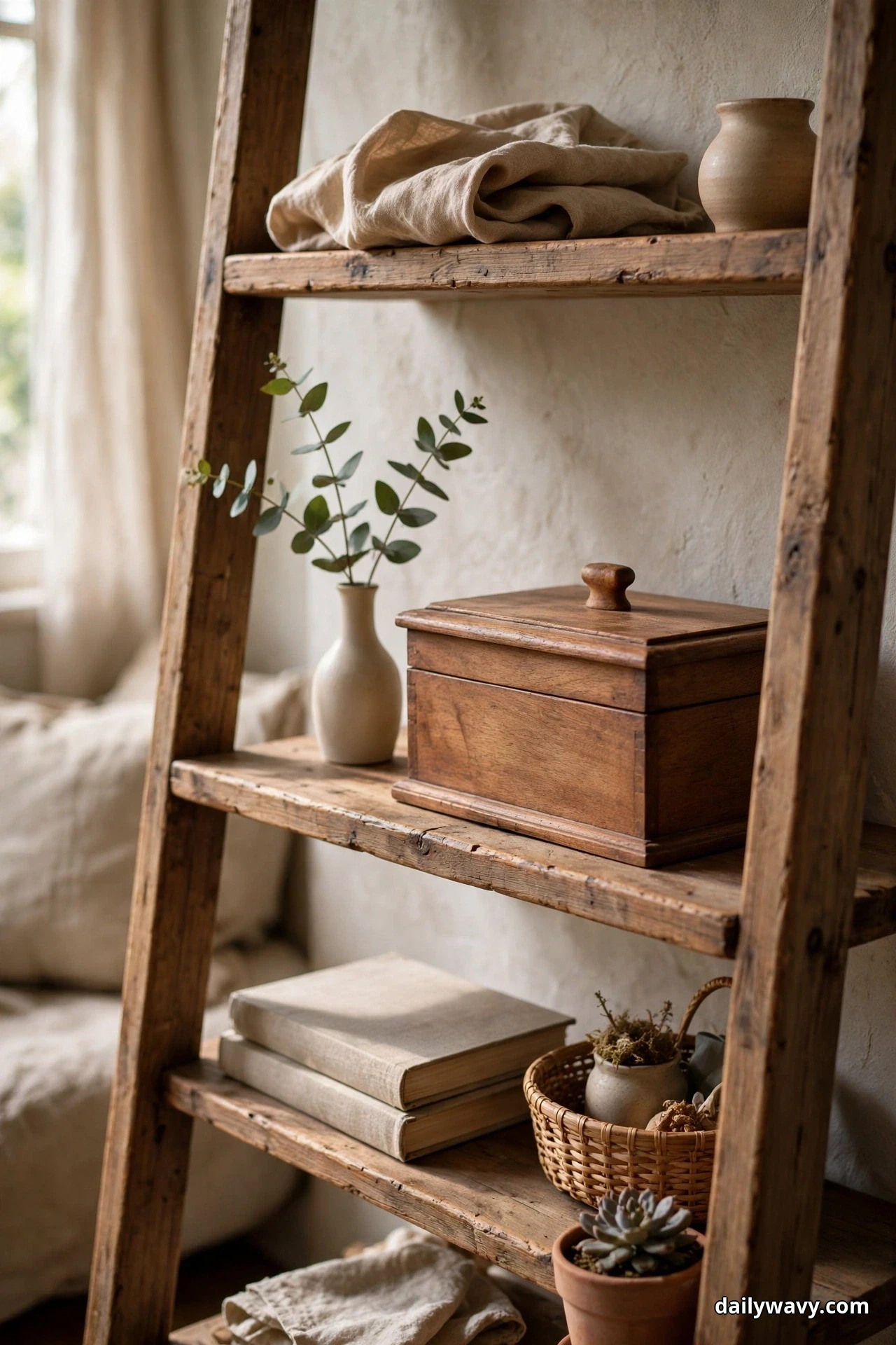 A wooden box with a fitted lid and a knob handle sits on a shelf of a rustic wooden ladder shelf beside a cream bud vase holding eucalyptus stems