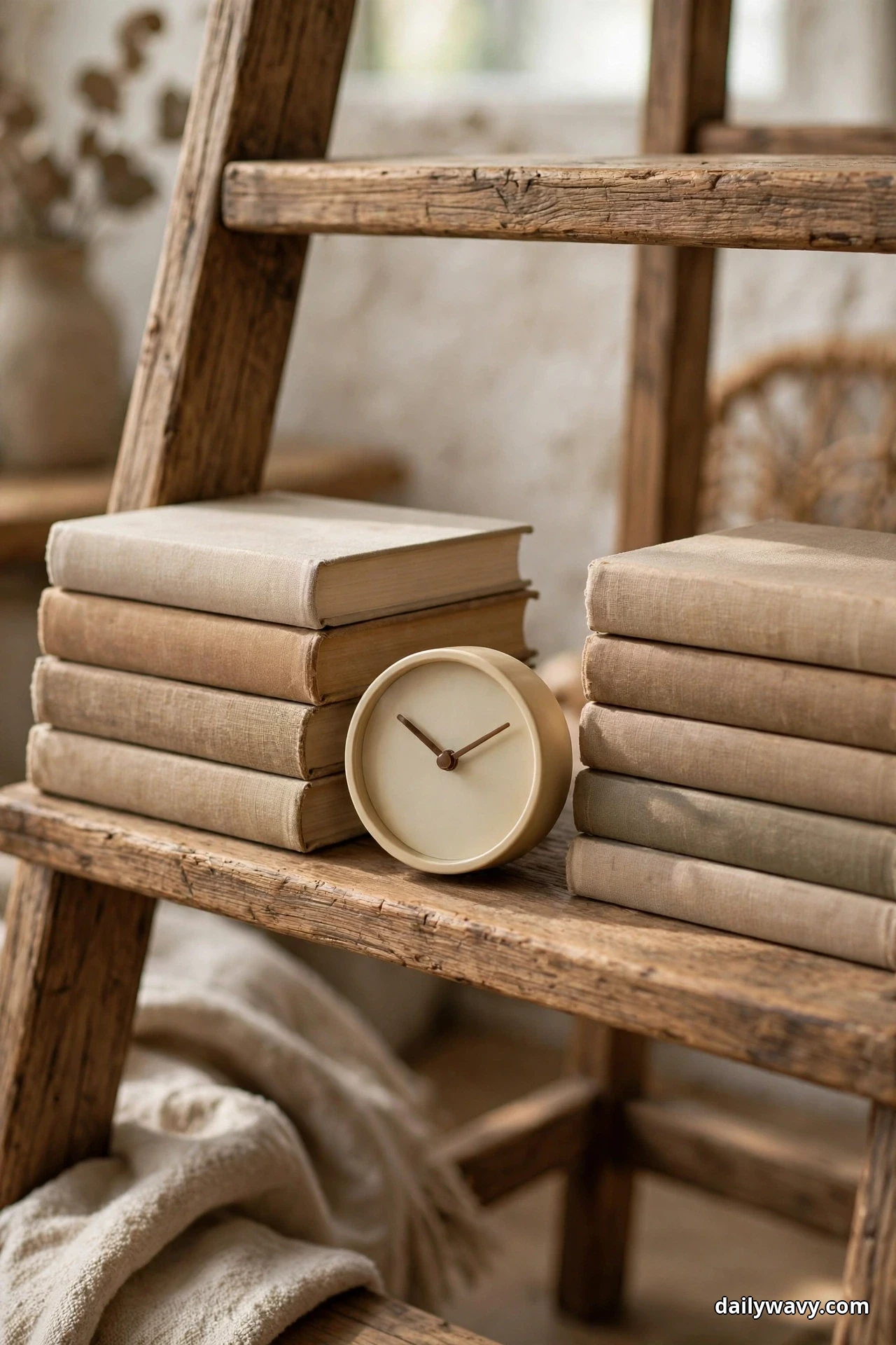 A small round cream clock stands on a shelf of a rustic wooden ladder shelf between two low stacks of cloth-bound books