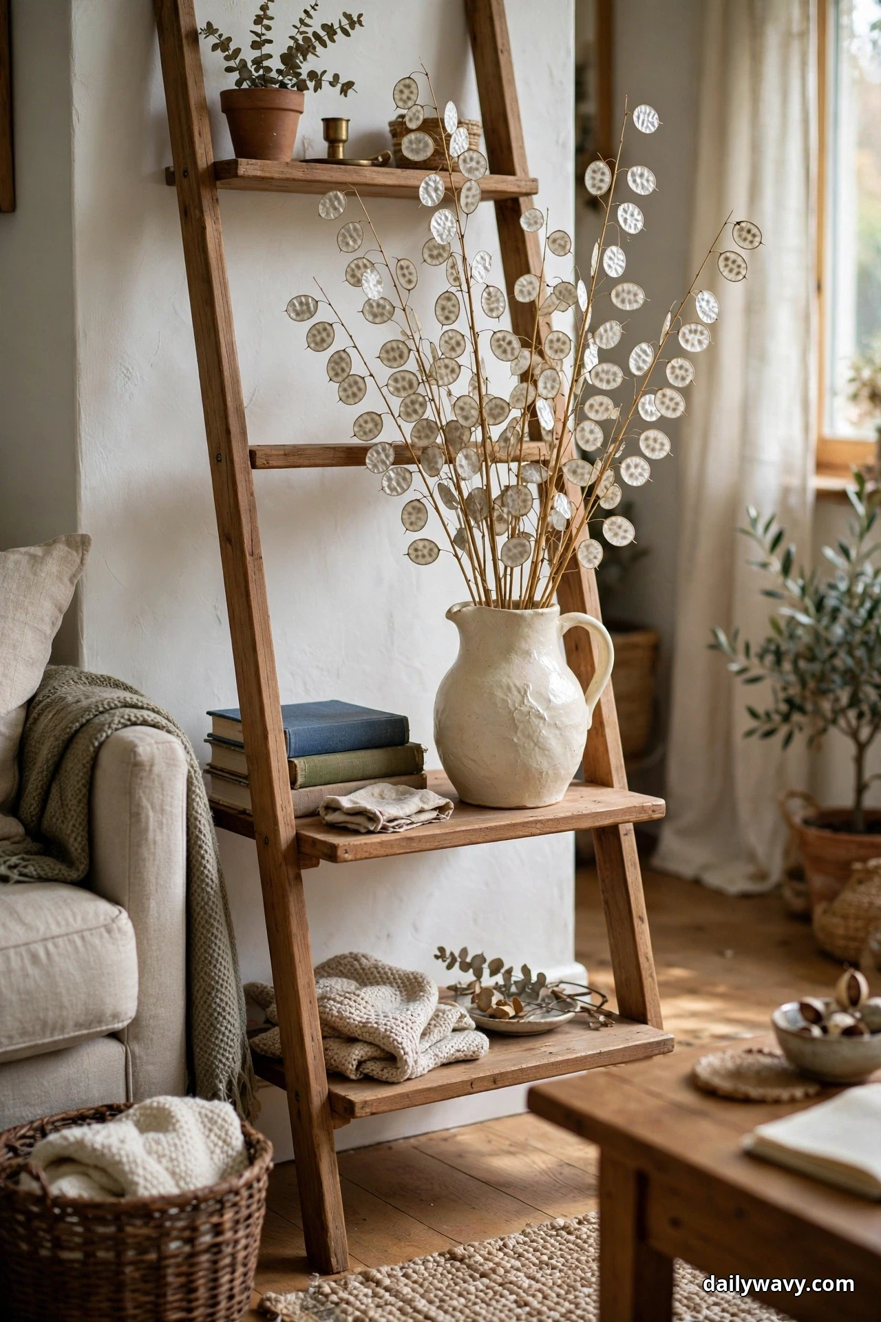 A cream ceramic pitcher filled with tall dried lunaria stems stands on a shelf of a wooden ladder shelf