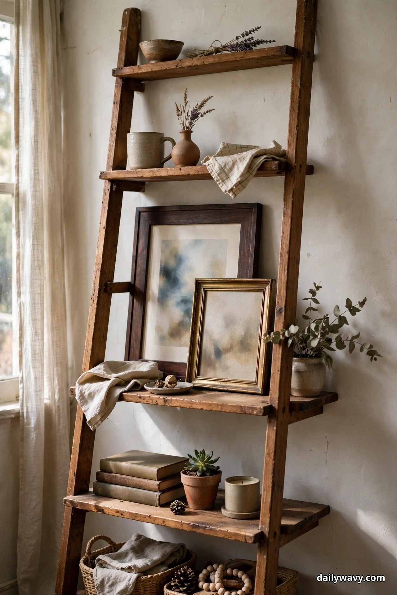 Two framed prints lean against the wall on a shelf of a wooden ladder shelf, a smaller gold frame resting in front of a larger dark wood frame