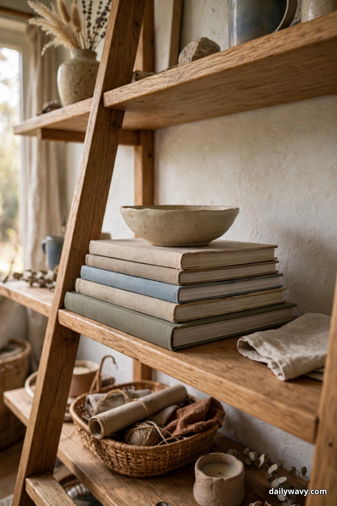 A shallow stoneware bowl rests on top of a horizontal stack of five cloth-bound books on a shelf of a wooden ladder shelf