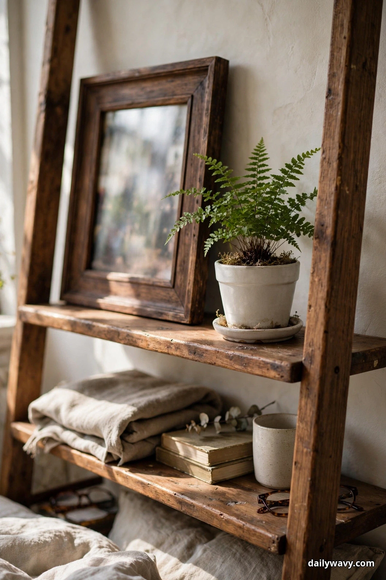 A framed photograph in a wide dark wood frame leans against the wall on a shelf of a wooden ladder shelf beside a small fern in a white pot on a saucer