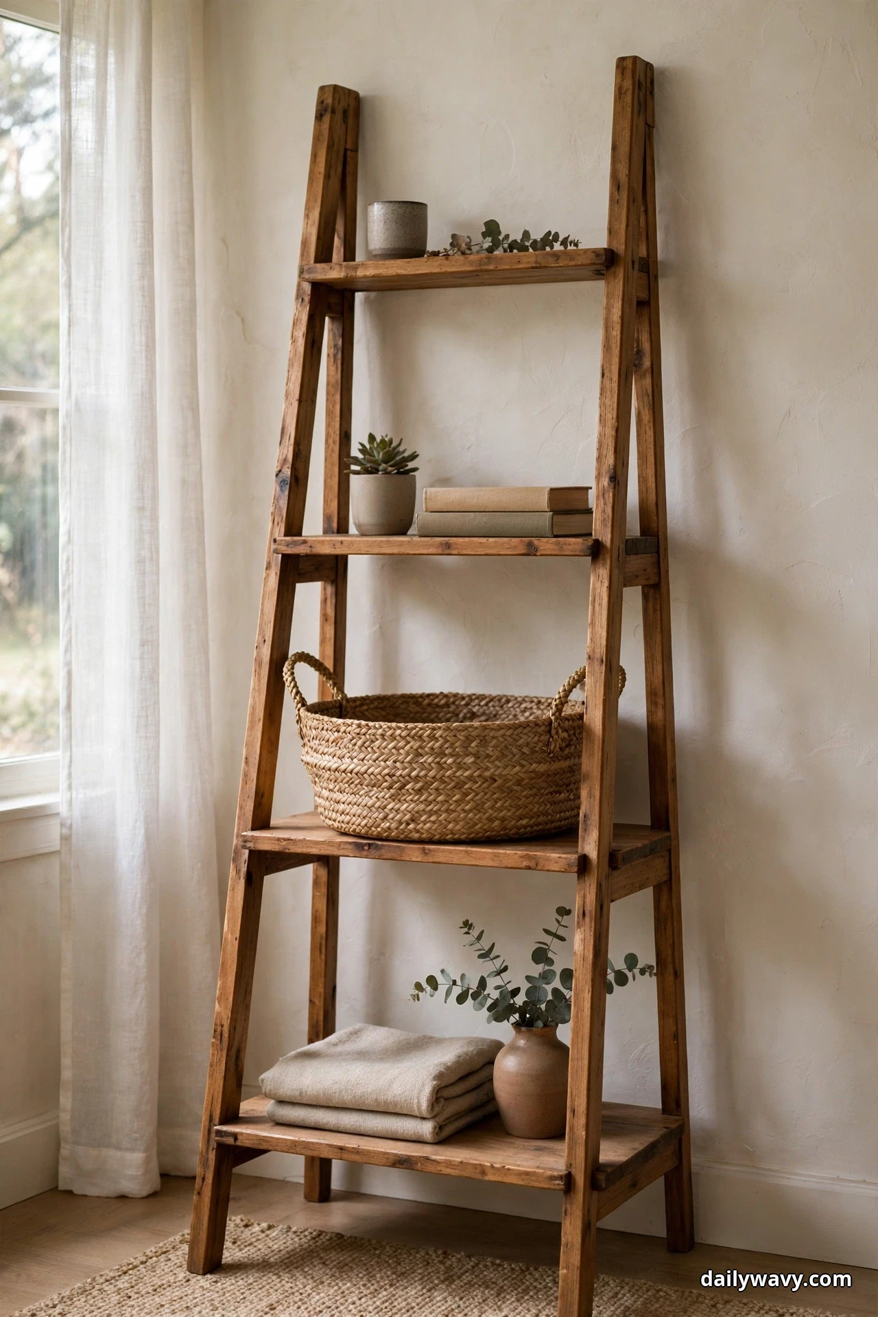 A low, wide woven basket with rope handles sits on a middle shelf of a wooden ladder shelf, filling the shelf opening