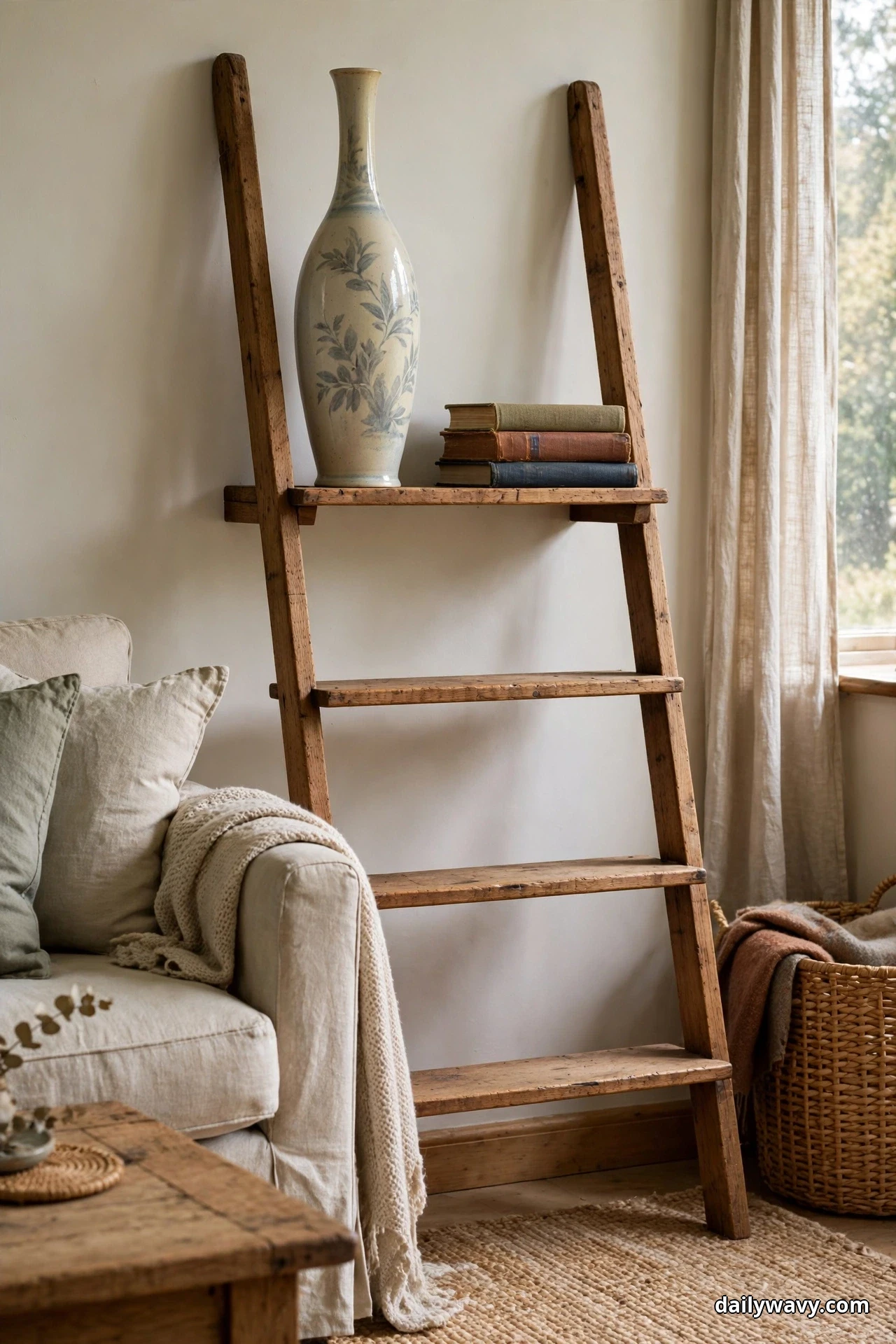 A tall cream vase painted with grey-blue leaves stands on the top shelf of a wooden ladder shelf beside a short stack of three books