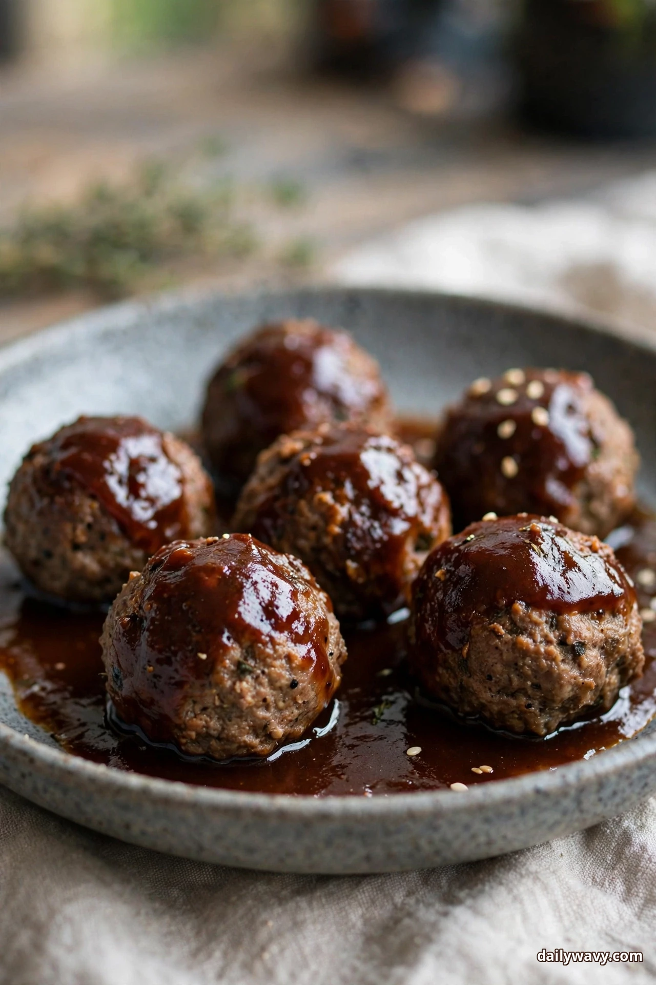 Six baked lamb meatballs sit on a gray plate under a dark glossy barbecue glaze, sprinkled with sesame seeds.